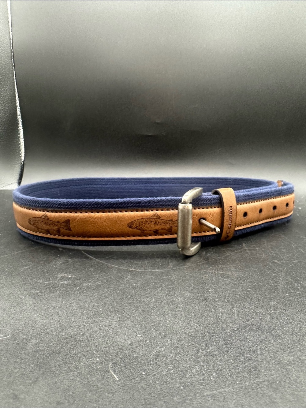 Columbia Navy Blue Canvas Brown Leather Trout Fish Mens Belt Size S 30-32
